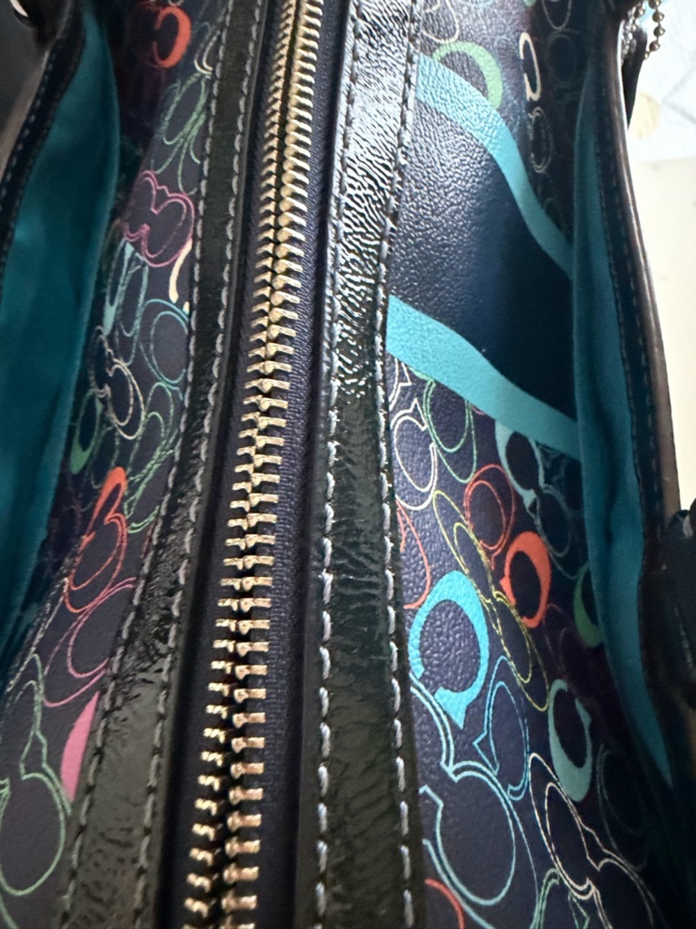 Coach Multicolor Logo Satchel with Black Patent Trim and Teal Stripes W Pouch - Picture 4 of 9
